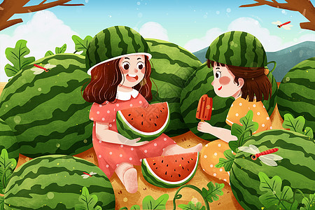 夏至瓜地里吃西瓜女孩插画图片
