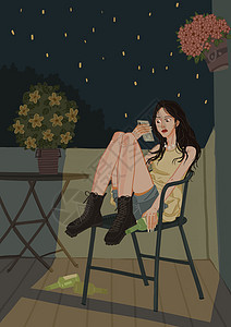 一个人在阳台孤独饮酒的女孩图片