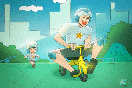 自行车城市父亲节父亲陪伴孩子童心插画gif动图高清图片
