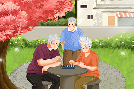 下棋公园卡通中国人口日老龄化老人下棋插画插画