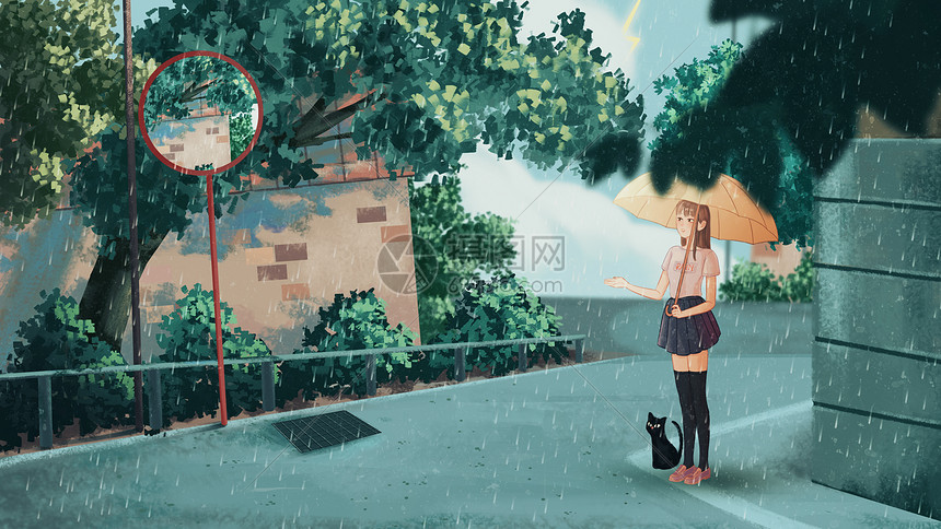 夏季高温暴雨路边躲雨插画
