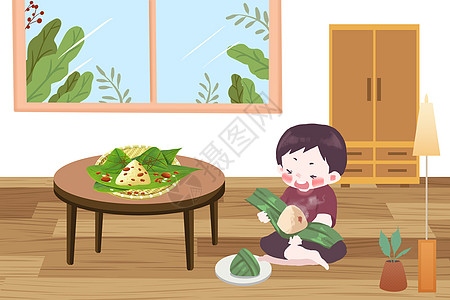 端午节坐着吃粽子的男孩图片