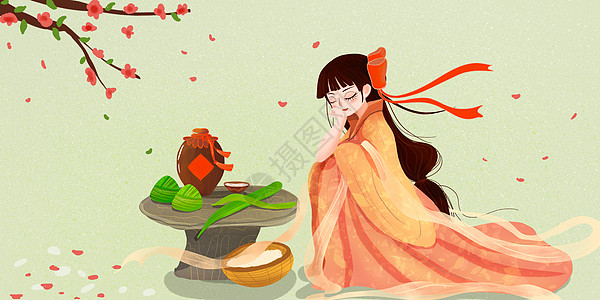 包桌菜端午节包粽子打瞌睡的女子插画