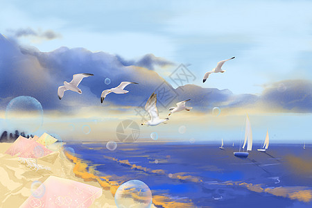 夏日沙滩手绘背景图片