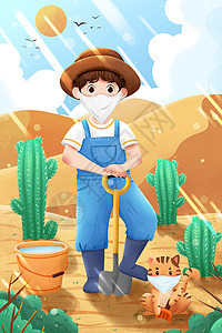 荒漠化和干旱日沙地里男孩和猫插画背景图片