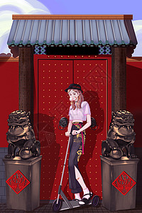 红色城门时尚复古国潮风格街拍美女电商海报插画素材插画