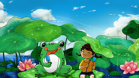 夏至夏日和小青蛙在荷花荷叶中一起乘凉的小女孩插画
