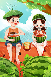 二十四节气夏至吃西瓜孩子们插画图片