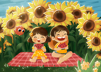夏季草丛夏日在向日葵花丛中野餐吃西瓜的小孩子们插画