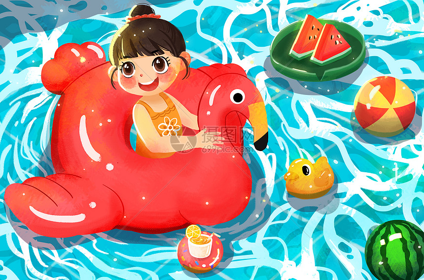 夏天里在游泳池抱着游泳圈游泳的小女孩避暑插画图片