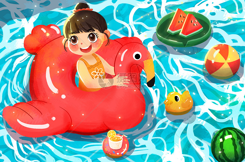 夏天里在游泳池抱着游泳圈游泳的小女孩避暑插画