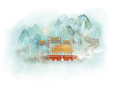 复古饭馆北京中式城市地标建筑风景旅游插画