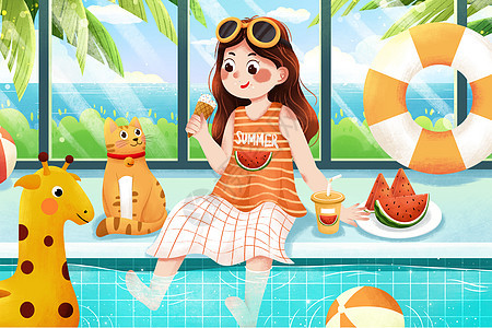 小暑泳池边玩水吃雪糕女孩插画图片