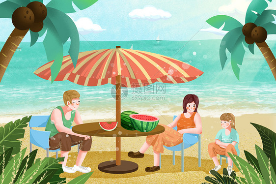 卡通清新温馨暑假旅游夏日海边插画图片
