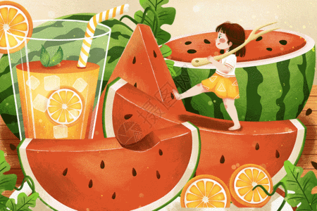 喝果汁夏季吃西瓜喝饮料插画GIF高清图片
