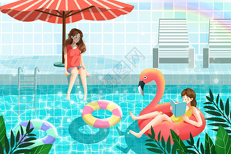 小暑夏天夏季泳池清凉插画图片