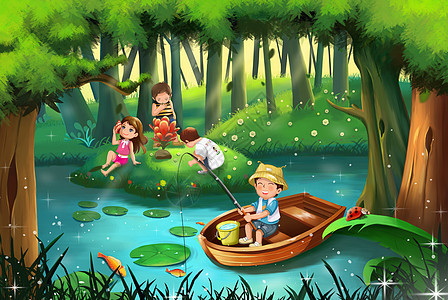 小暑时节在森林里玩耍的男孩女孩图片