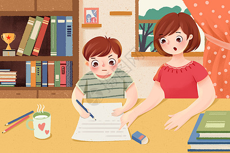 男孩写作业辅导孩子学习的妈妈插画