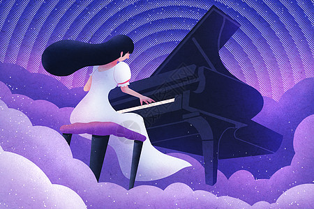 女孩弹钢琴唯美插画图片