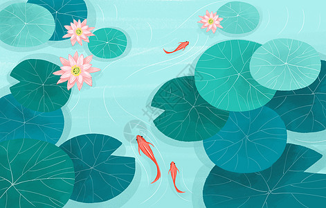 夏天荷花池塘鲤鱼插画背景图片