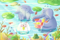 大象与兔子水中嬉戏图片