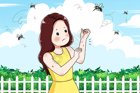 夏日健康被蚊虫叮咬的女孩插画