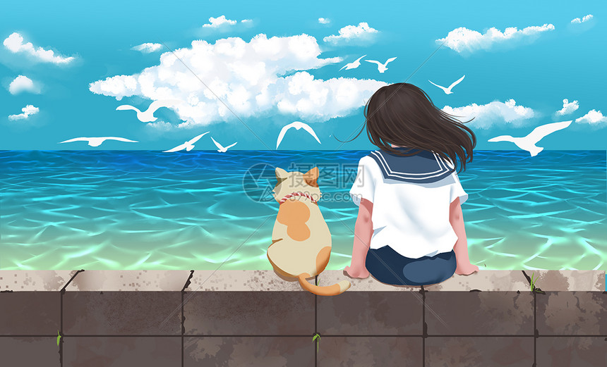 与小猫看海的女生插画图片下载 正版图片 摄图网