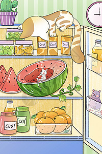 牛奶西瓜大暑偷吃西瓜的老鼠插画