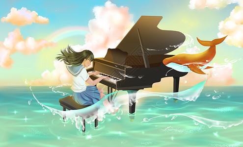 海面弹钢琴的女生背景图片