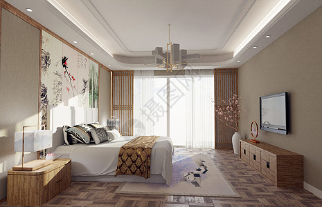 复古木质标牌C4D中式卧室设计图片