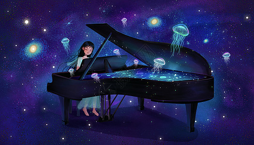 水母幻想曲钢琴梦幻素材高清图片