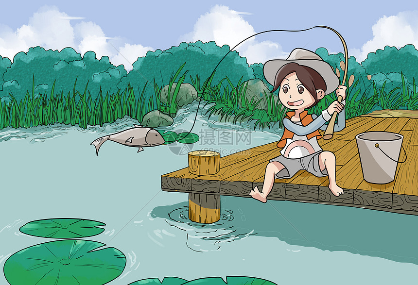 池塘钓鱼插画图片下载-正版图片401766610-摄图网
