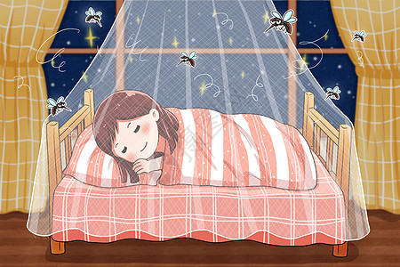 在床上看电视在蚊帐里安睡的女孩插画