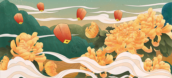秋季中国风菊花风景手绘插画图片