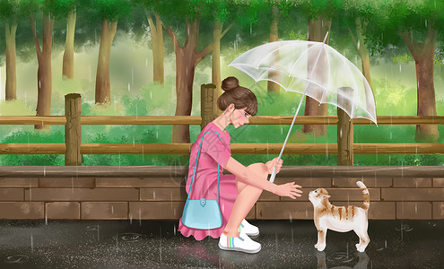 下雨天路上的女孩与猫咪图片