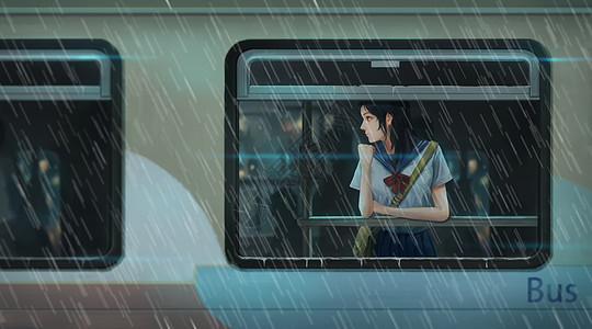 雨天乘公交车的女孩图片