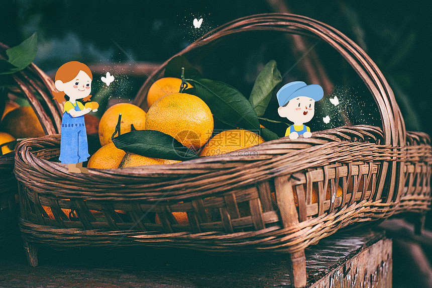 成熟的橘子和两个小果农图片