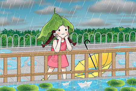 下雨天头顶荷叶的女孩背景图片