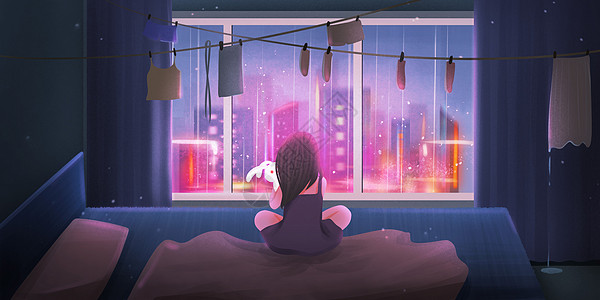 夏天城市雨天夜晚的孤独少女插画