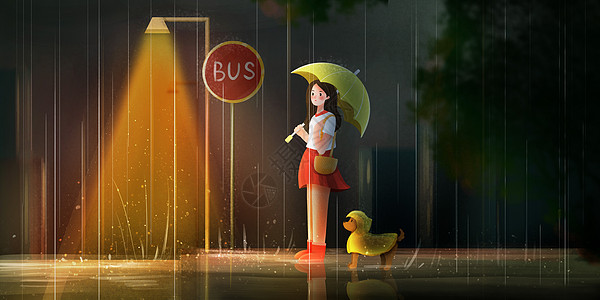 雨中街道大雨中等车的少女插画