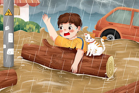 洪灾洪水上漂流喊救命的人与猫图片
