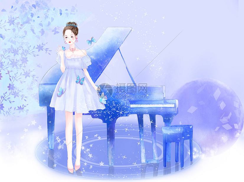 唯美少女与钢琴梦幻场景图片