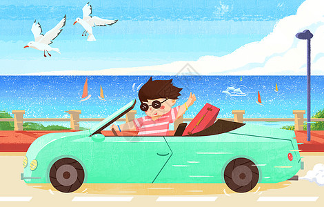 环岛公路夏天开车去海边兜风旅行插画