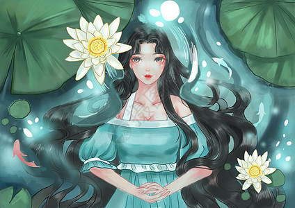 美女水夏夜大暑荷花池美人插画