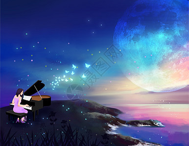 温馨唯美夜晚弹钢琴场景图片