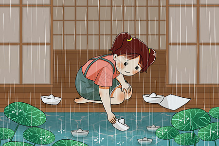 下雨天玩纸船的小女孩图片