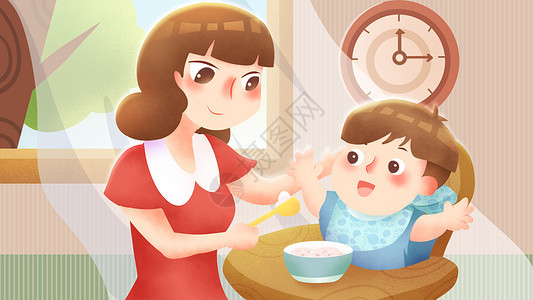 母亲喂婴儿吃饭插画图片