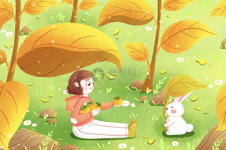 立秋女孩与兔子分享柿子图片