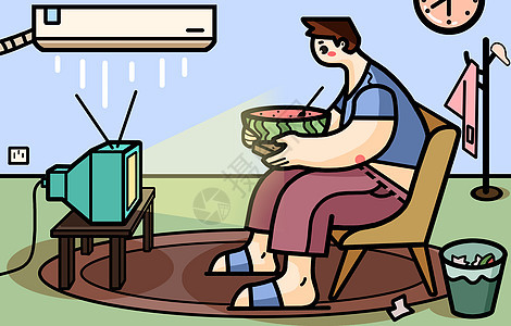 夏天吹着空调边看电视边吃西瓜的男生图片