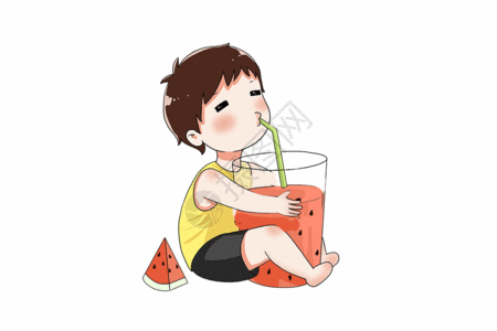 秋冷喝西瓜汁的小孩GIF高清图片